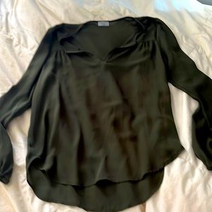Polyester V neck blouse, olive green, sleeves have elastic at ends